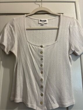 Rouje Short-Sleeve Button Front Pointelle Knit Top